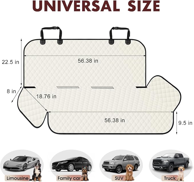 Backseat Cover for Dogs, Waterproof and Non-Slip Pet Bench Seat Covers, Car Seat Protector for Back Seat, Universal Size Rear Car Seat Cover Fits Cars, Trucks and SUVs, L-Beige&Black