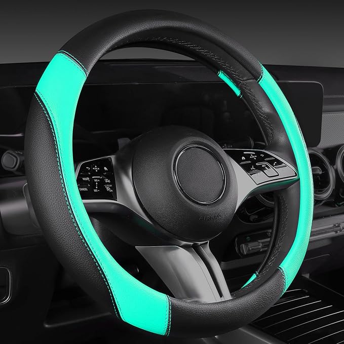 Faux Leather Steering Wheel Cover and Waterproof Car Floor Mats,Universal Car Combo Fit for 95% Sedan,SUV,Cars,14.5-15inch Sporty Anti-Slip Safety Comfortable Design(Black＆Mint)