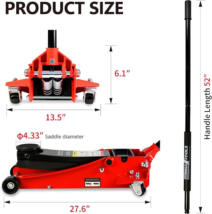 Floor Jack, Professional Heavy Duty Hydraulic Floor Jack, Low Profile Floor Jack, Steel Racing Floor Jack w/2 Piston Quick Lift Pump, Floor Jack Lifting 3.3"-19.7" 3 Ton(6000lb) Capacity Red