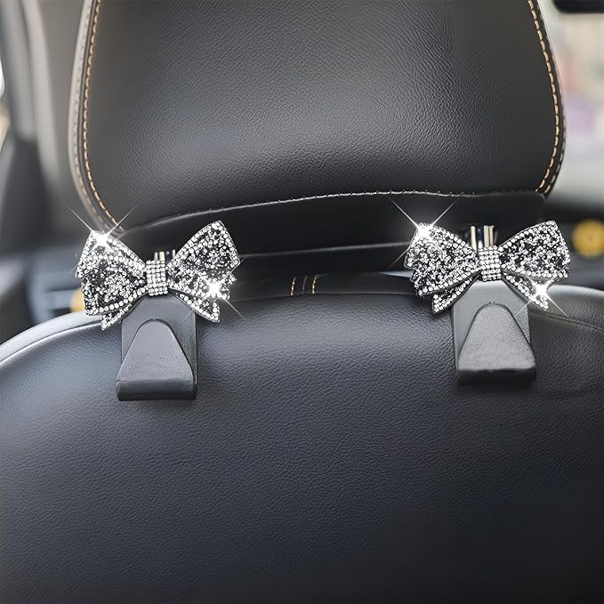Zpana Bling Car Headreat Hook, 2PCS Crystal Rhinestone Cute Bow Vehicle Seat Back Hanger Storage for Purses Bags Grocery, Diamond Auto Rear Seat Organizer, Universal for SUV Truck Sedan (Pink)