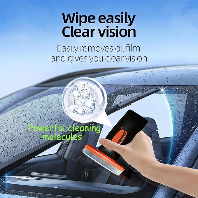 【2PCS】 Glass Emulsion Cleaner, Car Windshield Cleaner Tool Roll-On Glass Compound with Cleaning Board, Removes Oil Film & Smudges, Improve Windshield Clarity for Safe Driving (100ml+Brush)*2