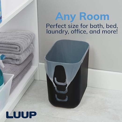 Luup Trash Can (Black) - Reuse Grocery Bags - Plastic Garbage Container for Bathroom, Vanity, Laundry Room, Kitchen, Office, Garage - 2.5 Gallon Wastebasket with Hooks to Secure Trash Bags
