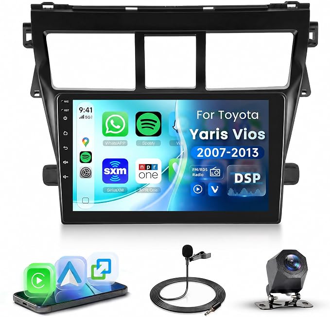 9 Inch Car Stereo for Toyota Yaris Vios 2007-2013, Wireless CarPlay Android Auto MP5 Player with IPS Touchscreen Bluetooth FM/RDS DSP Vi-Link You-Tube Mirror Link, Backup Camera SWC