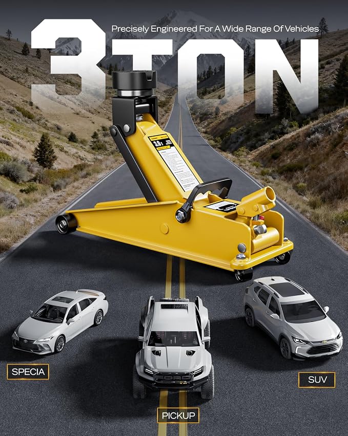 3 Ton (6600 lbs) Floor Jack, Heavy Duty Steel Hydraulic Jack for Car, Low Profile Floor Jack with Rubber Pad, Quick Lift Car Jack with Lifting Range 7.1'' to 20.9'', Yellow