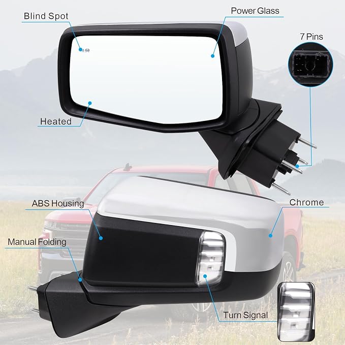 Left Driver Side Mirror Compatible With 2019-2025 Chevy Silverado 1500 With Power Glass Manual Folding Turn Signal Heated Blind Spot Chrome Replace#GM1320680(7Pins)