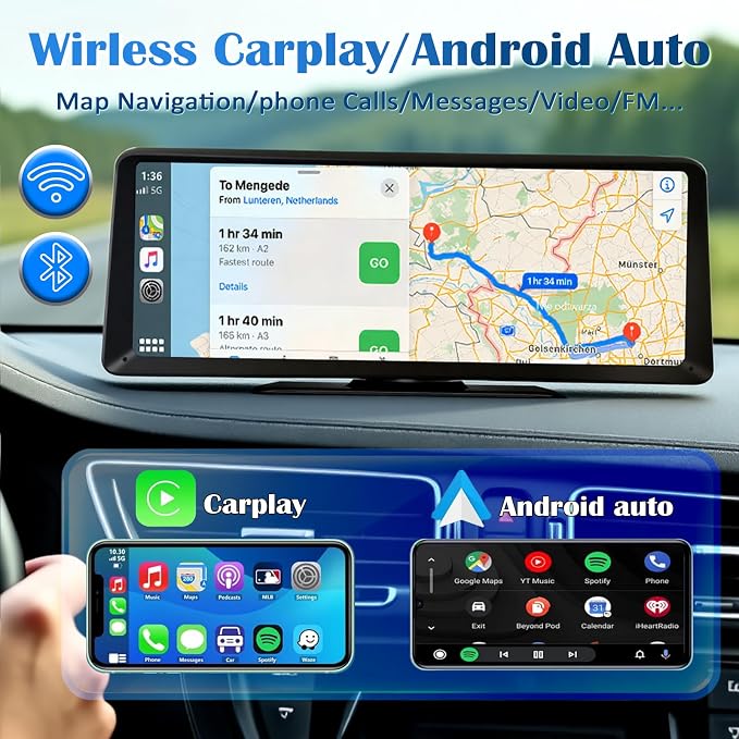 8.1" HD Carplay Screen for Car Stereo, 2K Dash Cam Wireless Portable Touch Screen Car Play with Apple Carplay & Android Auto with 1080P Back Up Camera, Bluetooth, Mirror Link, GPS, AUX, Voice Control