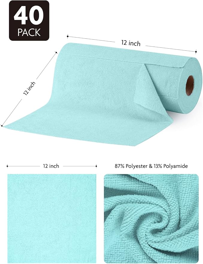 Microfiber Cleaning Cloth Roll -40 Pack, Tear Away Microfiber Towels, 12" x 12", Reusable, Washable, Scratch Free, Ultra Absorbent Dishcloth for All-Around Cleaning Supplies (Blue)