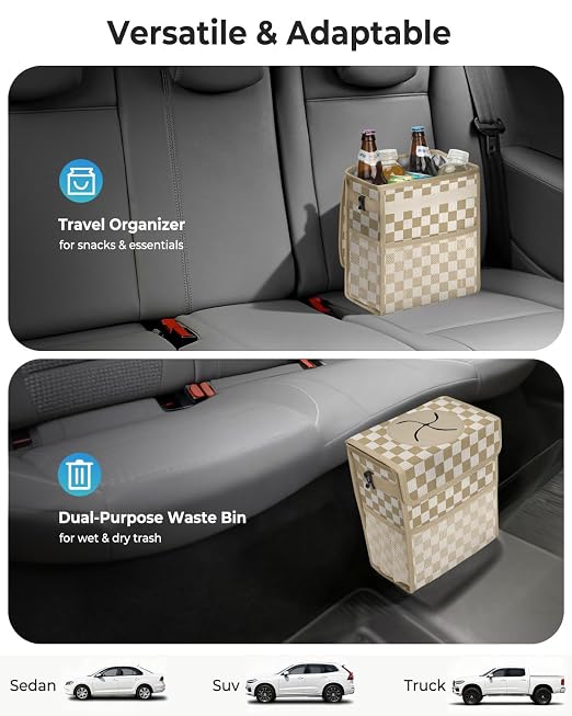 Corduroy Car Trash Can with Lid and Mesh Pockets - Leakproof Organizer,Multipurpose Waterproof Garbage Can/Trash Bin for Car(White Base with Khaki-2 Gallons)