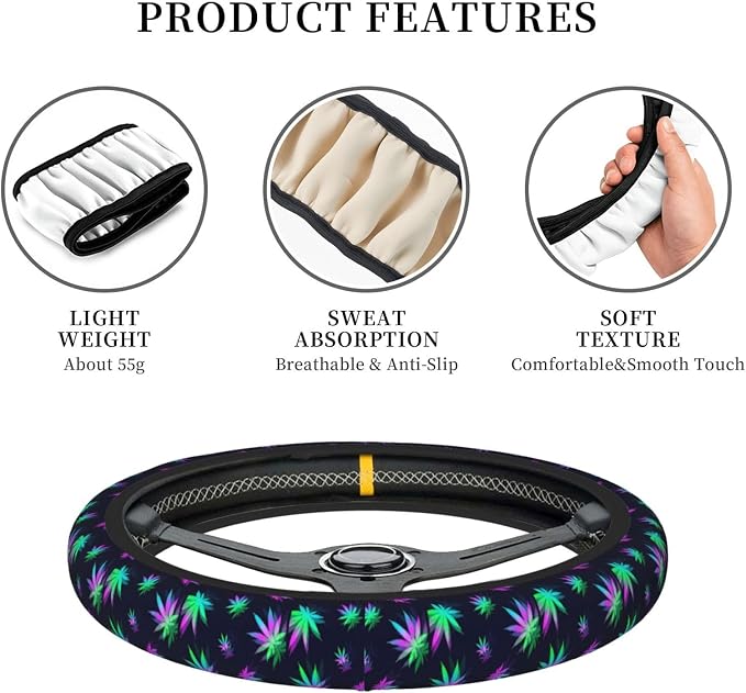 Elastic Weed Leaves Neon Colorful Black Car Steering Wheel Cover Protector Upgrade Thicken,Anti Slip Soft Car Accessories for Diverse Cars Truck SUV for Men Women Universal 15 Inch