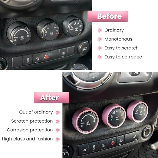 Audio Air Conditioning Button Cover Decoration Twist Switch Ring Trim for Jeep Wrangler JK JKU Patriot 2011-2018, Compass 11-16, Liberty 08-12, Dodge Challenger 08-14 Interior Accessories Pink 3PCS