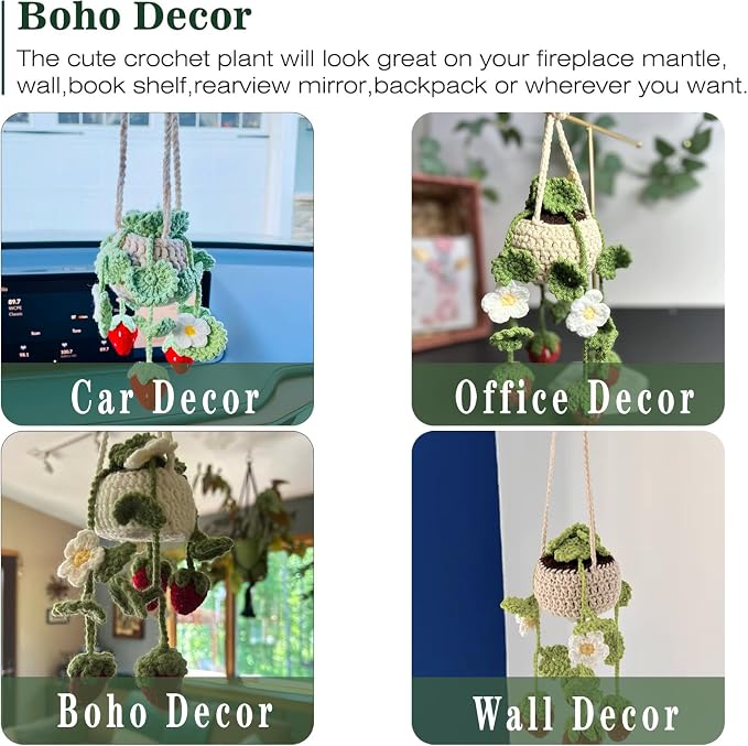Cute Crochet Plant for Car Rear View Mirror,Boho Hanging Accessories Decor | Handmade Pendant for Women Girls,Green Interior Aesthetic Truck Hanger Ornament Charm for Men (Red Strawberry Plant)