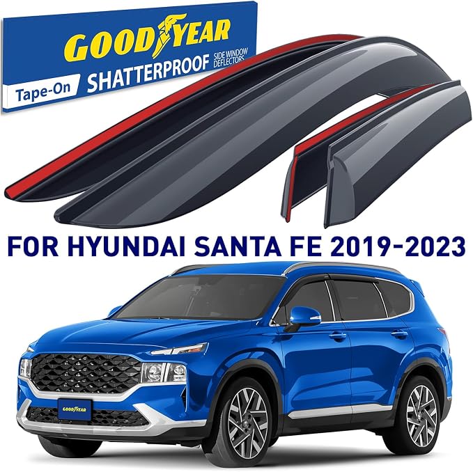 Goodyear Shatterproof Window Deflectors for Hyundai Santa Fe 2019-2023, Tape-on Rain Guards, Window Visors, Vent Deflector Visor, Car Accessories, 4 pcs. - GY008904