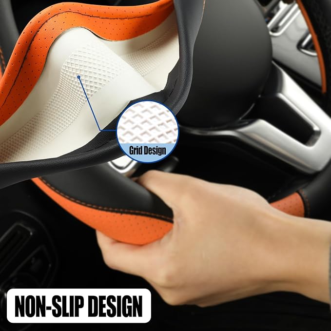 Black Orange Microfiber Leather Steering Wheel Cover 14 inch | Breathable Anti Slip Grip Cool Sporty Look Glow for Women Men