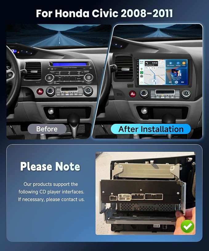 9 Inch Double Din Car Stereo for Honda Civic 2006 2007 2008 2009 2010 2011 | Car radio with Wireless Carplay & Android Auto, Bluetooth,SWC,FM/RDS Radio, EQ, Dual USB, Mirror Link+Backup Camera