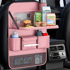 2 Pack Leather Car Backseat Organizer with Foldable Table Tray, Universal Car Seat Back Protector Kick Mat with Touchscreen Tablet Holder, Storage Pockets, Cup Holders & Tissue Holder, Pink