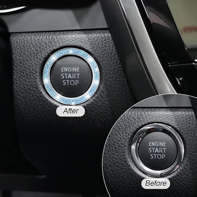 2 Pack Car Push Start Button Cover/Sticker, Key Ignition Knob Bling Ring, Sparkling Car Interior Accessories for Women (Double Blue)