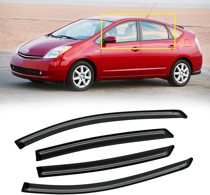 Window Visor for Toyota Prius 2004-2009, Out-Channel Rain Guards Shields Vent Deflector Shade Wind Dark Smoke 2005 2006 2007 2008, Tape-On Outside-Mount, 4PCS