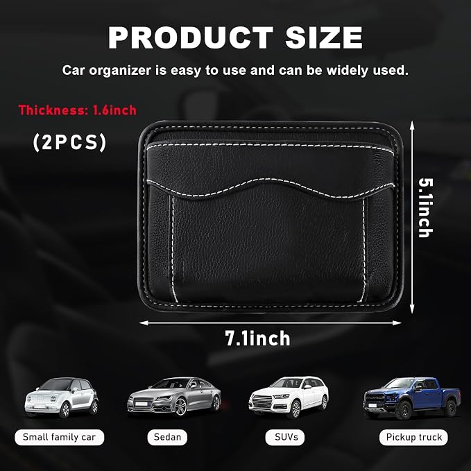 2 PCS Car Seat Side Pocket Organizer, PU Leather Cell Phone Sunglasses Storage Pocket, Mini Seat Gap Filler Pouch for Auto Seat Door Window Console, Interior Car Accessories (Black)