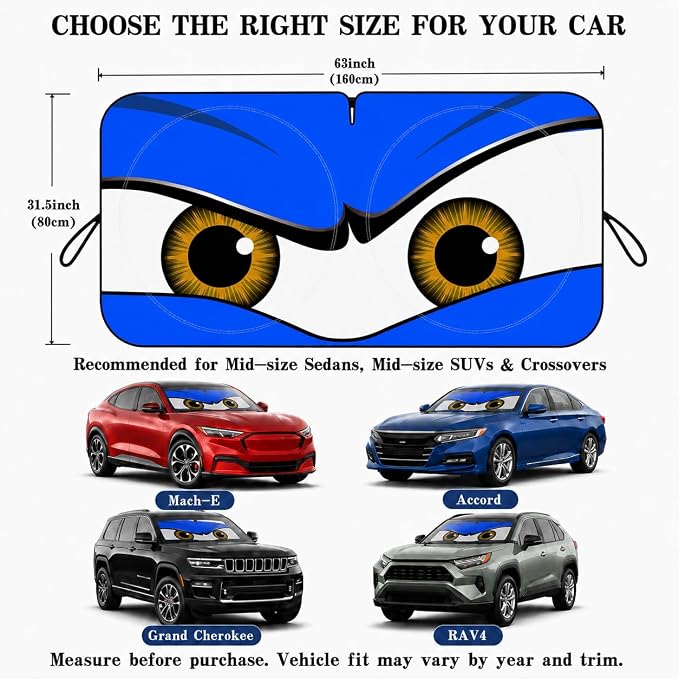 Car Windshield Sun Shade, Universal Fit Midsized Sedan SUV, Monster Blue | 63 x 31.5" Windshield Cover, Foldable Front Window Sunshade, UV Heat Protection, Cute Eyes Series