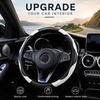 Car Steering Wheel Cover 15 inch, Microfiber PU Leather Elastic Steering Wheel Protector, Anti-Slip Breathable Car Interior Accessories for Most Cars (White)