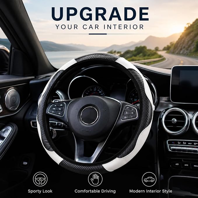 Car Steering Wheel Cover 15 inch, Microfiber PU Leather Elastic Steering Wheel Protector, Anti-Slip Breathable Car Interior Accessories for Most Cars (White)