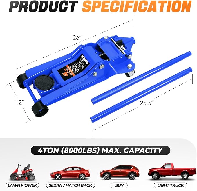 4 Ton Low Profile Floor Jack, Heavy Duty Steel Hydraulic Car Jack with Dual Pistons Quick Lift Pump, Hydraulic Racing Floor Jack, Lifting Range 4.5" to 20", Blue