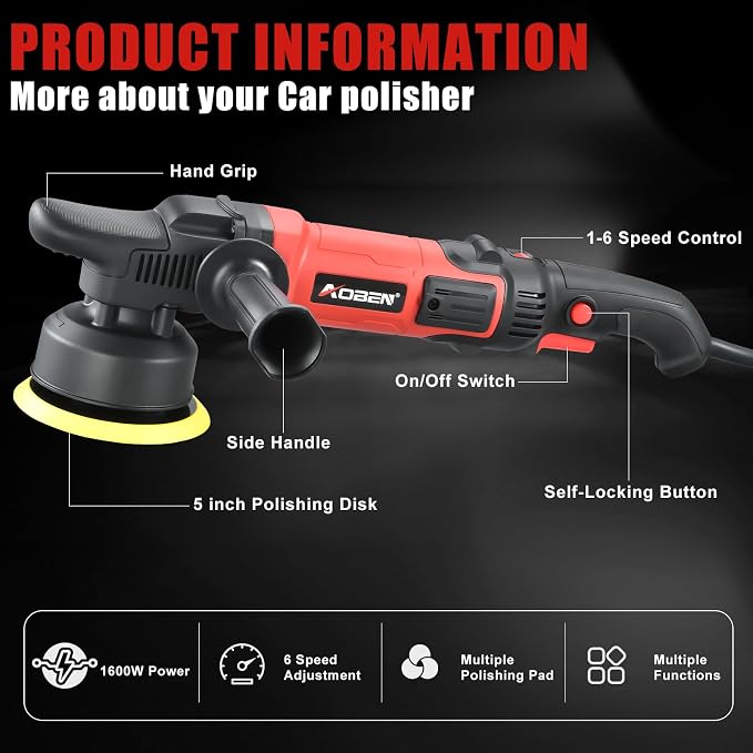 Buffer Polisher,5 inch Dual Action Polisher,Long Orbit 16mm Random Buffer Polisher kit with 6 Variable Speed 1000-5500rpm,Detachable Handle,7 Buffing Pads for Car detailing Polishing and Waxing