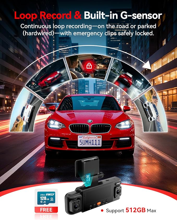 N6 360° Dash Cam 4 Channel, 5.8G WiFi-6 (up to 20MB/s) with App, Free 128GB Card, FHD Front & Rear Inside Dash Cam for Car, 8 IR Lights Night Vision, GPS, 24/7 Parking Mode, G-Sensor