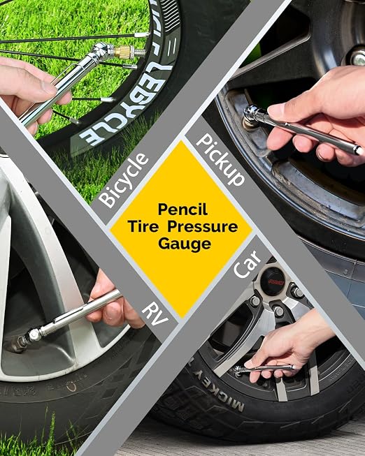 Pencil Tire Pressure Gauge 5 Pack with Valve Caps, Stainless Steel Body Tire Gauges for Tire Pressure with Deflator Valve, Metal Nozzle Tire Gauge for Cars, Pickups, RVs, Bicycles