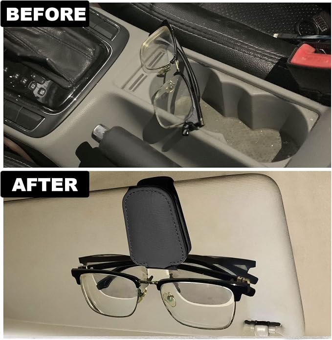 2 Pack Leather Car Visor Sunglass Holder, Magnetic Leather Glasses Eyeglass Hanger Clip for Car, Sunglass Clip Glasses Holder for Car Visor（Black）