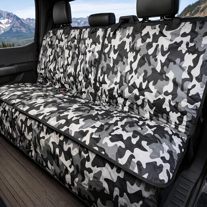 Dog Seat Cover for Back Seat, Heavy Duty Waterproof Rear Seat Protector for Small Trucks, SUVs, Cars - Fits 60/40 Split Bench with Middle Seat Belt, Non-Slip Dog Backseat Cover (Regular, Camo)