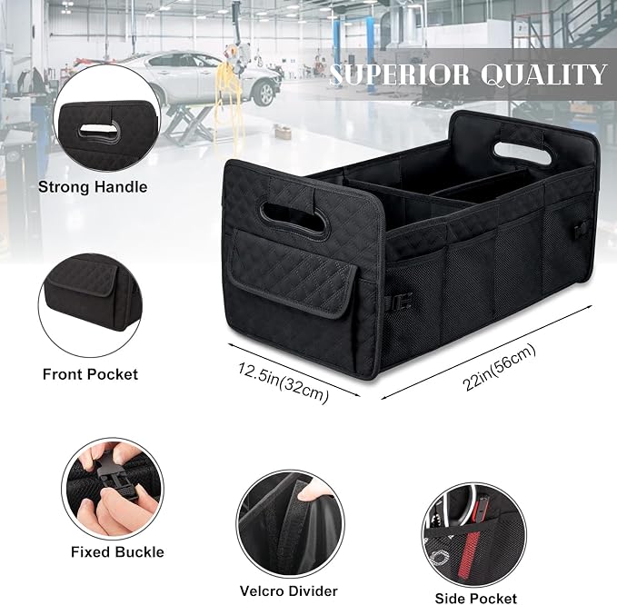 Car Trunk Organizer for SUV, Car Storage Organizer Collapsible Multi Compartment Container Box, Adjustable Car Accessories for Women/Men, Black