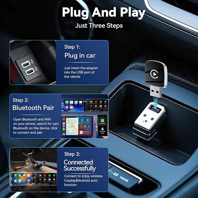 Mini Wireless CarPlay Adapter for iPhone,2 in 1 for Apple Carplay and Android Auto Adapter,Convert Wired to Wireless, Plug & Play, USB to USB-C/Type-C, Stable Control & No Delay, Black