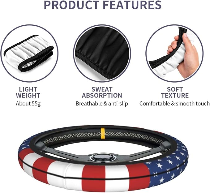 American Flag USA Steering Wheel Cover Car Accessories Cute for Women Girls Girly Universal 15 Inch Neoprene Auto Interior Decor Anti Slip Car Truck Protector