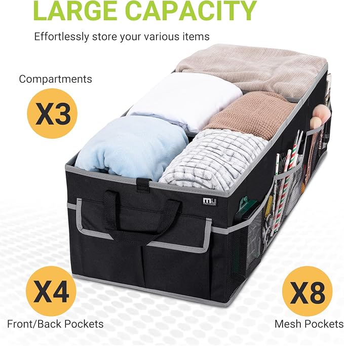 Trunk Organizer for Car, SUV Trunk Organizer, 12 Pockets, Non-Slip Bottom, Sturdy Oxford Car Organizer for Sedans, Van, Jeep, Grocery, Large 3 Compartments, Black Gray, 32"×13"×10.6"