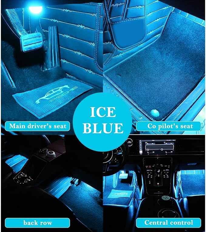 4-in-1 Car LED Lights Interior with USB Port,Ambient Neon Car Door Lights Kit for CCar Decor,Party,Music,Gift,Universal CCar Pedal Light Interior Accessories for Wonmen & Men (Ice Blue)