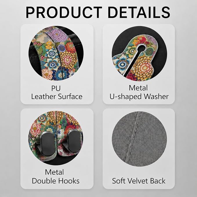 Cute Boho Floral Car Seat Back Storage Headrest Hooks for Purses & Bags – 2PCS PU Leather Dual Metal Hooks, Backseat Organizer Accessories