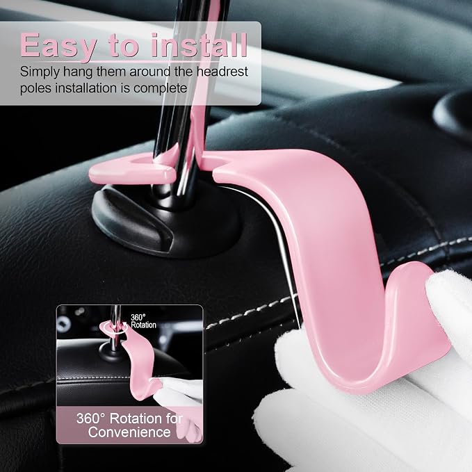 Car Seat Headrest Hook, Auto Seat Hook Hangers Storage Organizer Interior Accessories for Purse Coats Umbrellas Grocery Bags Handbag, 4-Pack - Pink