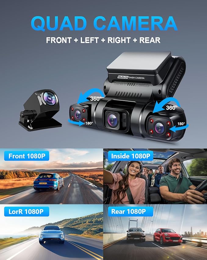 360° 4 Channel Dash Cam Front and Rear Inside Left Right, Dash Camera for Cars, Built-in GPS WiFi Night Vision, 24/7 Recording Parking Mode Monitor, 128G Card Included