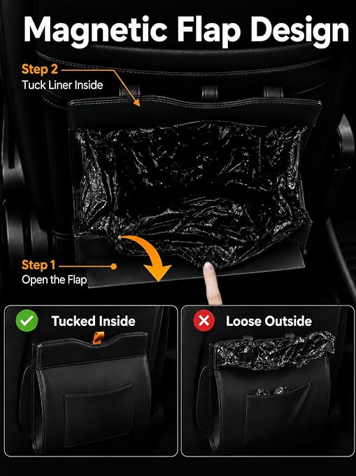 Leather Car Trash Can, Leak-Proof Odor-Lock Car Garbage Can with 60 Liners, Magnetic Closure & Liner-Hold, Storage Pocket, Metal Hooks, Hanging Car Trash Bin for SUV Sedan Truck, Black