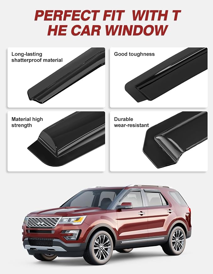 Outside-Mount Window Rain Guards Fit for Ford Explorer 2011-2019, Extra Durable Window Visors Wind Deflector Dark Smoke Vent Shades Car Tape-on with Thicker 4PCS