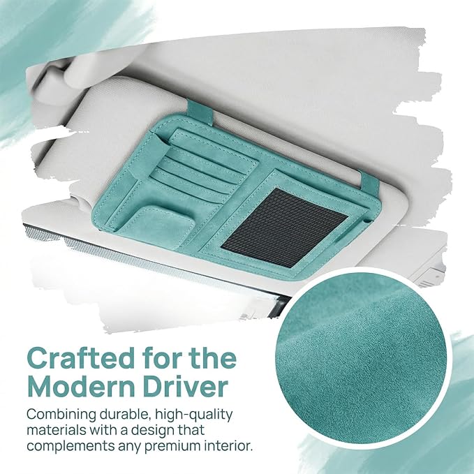 Car Sun Visor Organizer, Multi-Pocket Vehicle Sun Visor Storage Pouch with Sunglasses Clip, Auto Interior Sunshade Eyeglasses Card Holder Organizers, Universal for SUV Sedan Truck (Blue)