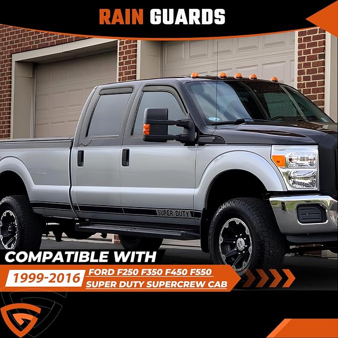 Rain Guards Fit for 1999-2016 Ford F250 F350 F450 F550 Super Duty SuperCrew Cab, Tape-On Side Window Deflector Durable Sun Rain Guard Black 4 PCS