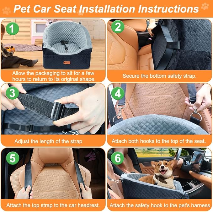 Dog Car Seat for Small & Medium Dogs, Detachable & Washable Booster Seat for Pets Up to 30lbs, Travel Bed with Storage Pockets and Safety Belt – Gray&Black
