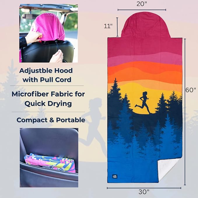 Car Seat Towel Cover – Hooded Moisture-Wicking Microfiber Seat Protector – 30" x 60" – for Runners and Outdoor Enthusiasts – Happy Hour