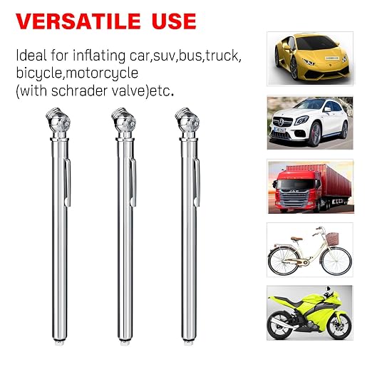 Pencil Tire Pressure Gauge (10-75PSI) Stainless Steel Body and Metal Made Nozzle 3 Measurements for Vehicles (3 Pack)