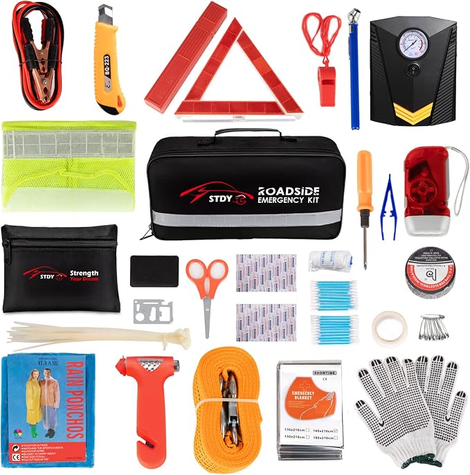 Car Roadside Emergency Kit, Vehicle Truck Safety Road Side Assistance Kits Auto Accessory, with Jumper Cables, Portable Air Compressor, etc