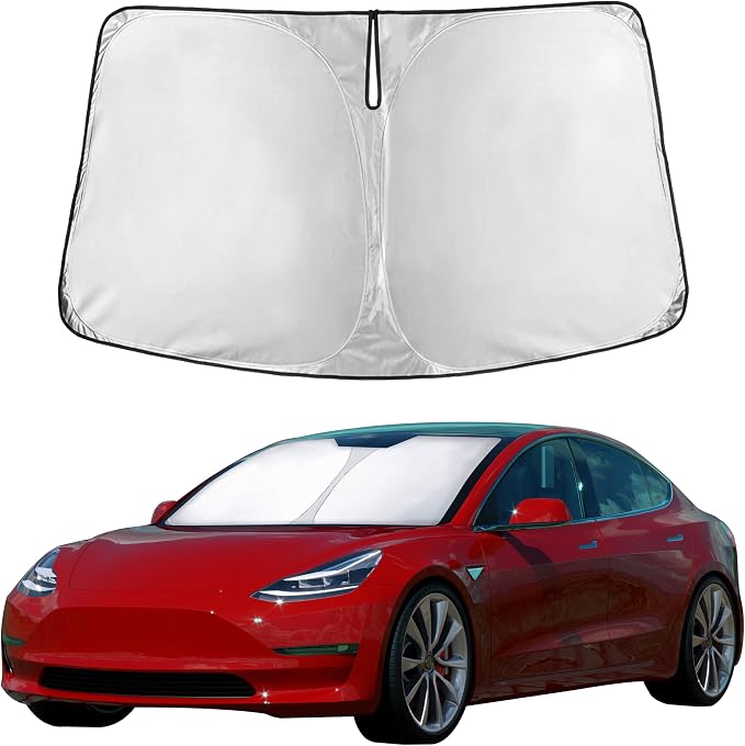 Windshield Sun Shade Compatible for Tesla Model 3 & Model Y Juniper 2017-2024 2025 2026, Sun Visor for EV Front Window Sunshade, Foldable Heat & UV Protector, Car Accessories