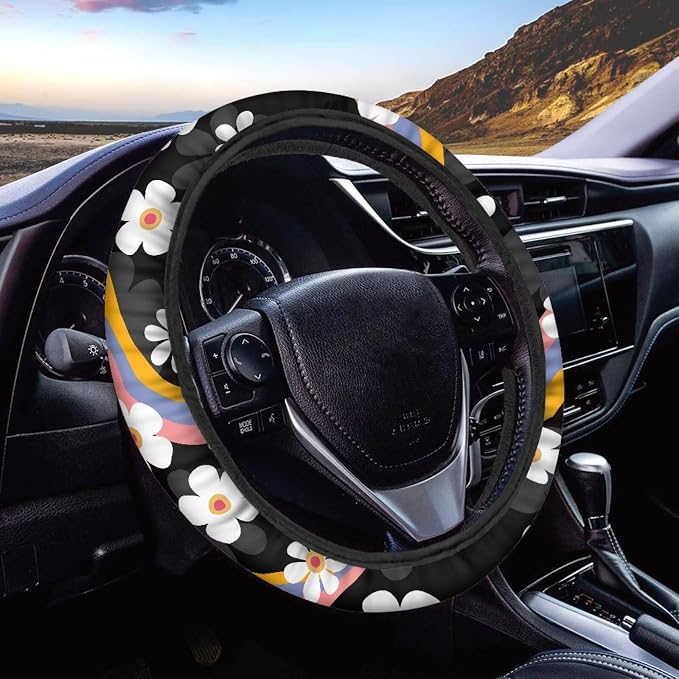 Groovy Hippie Flower Pattern Sweat Absorption Steering Wheel Cover with Anti-Slip Lining for Car Truck SUV Van Universal Car Wheel Cover Polyester Cover Car Decoration