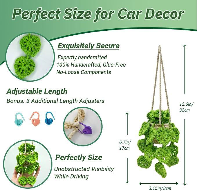 Crochet Hanging Plant for Car,Car Decorations Interior,Plant Aesthetic Car Accessories for Women Interior Cute,Car Pendant Ornaments Charms for Rear View Mirror,Boho Car Decoration Gifts